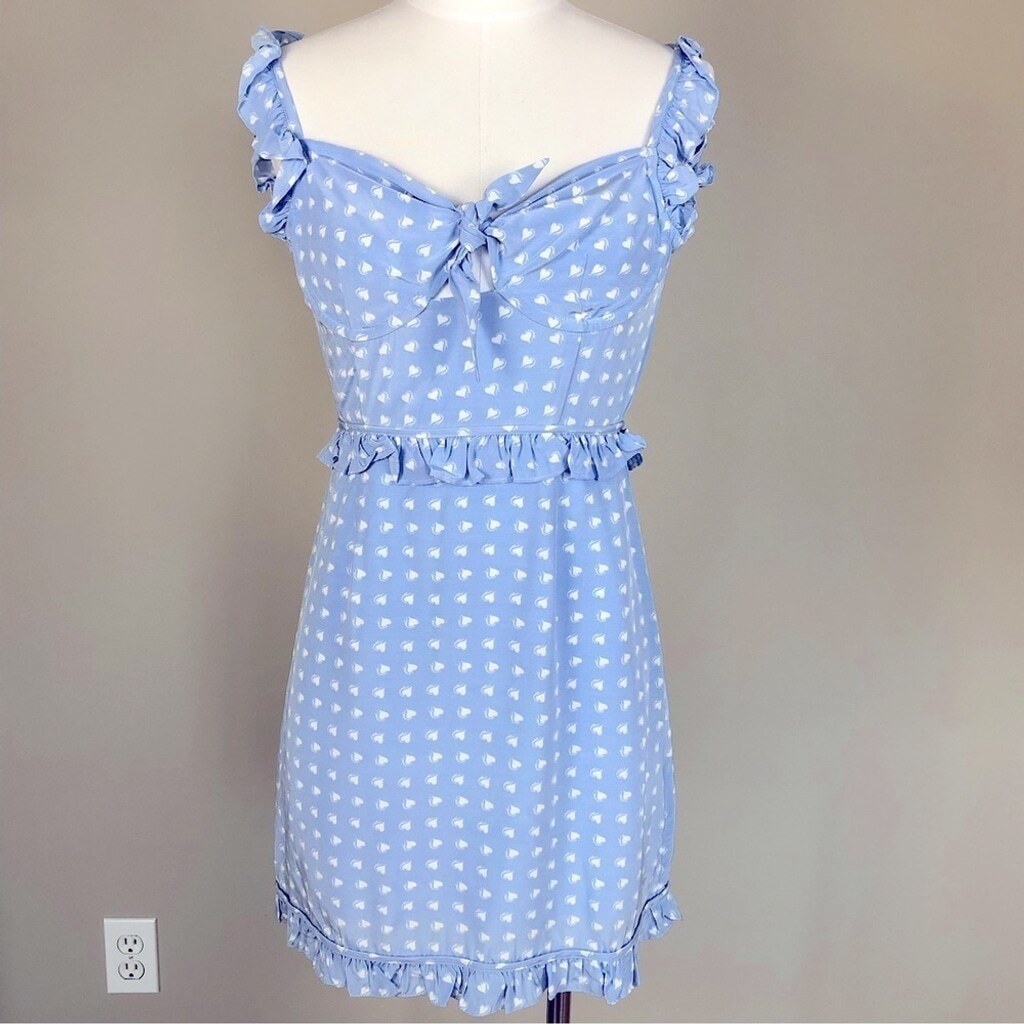 For Love & Lemons pastel blue heart print sweetheart neckline ruffle mini dress