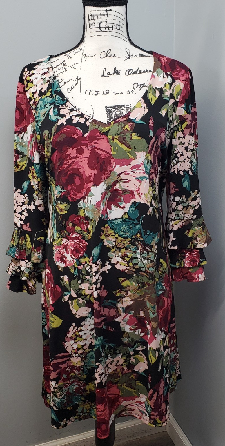 Connected Apparel A Line Dress Womens 10 Multi Floral Tiered Bell Sleeve V Neck