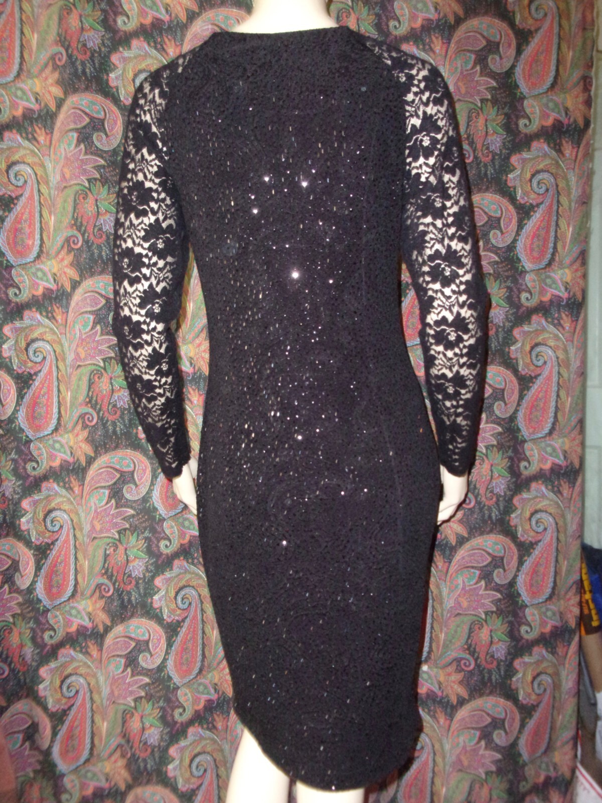PICADILLY Black Knit Lace & Sparkle Elegant Fitted Dress Stunning Size S