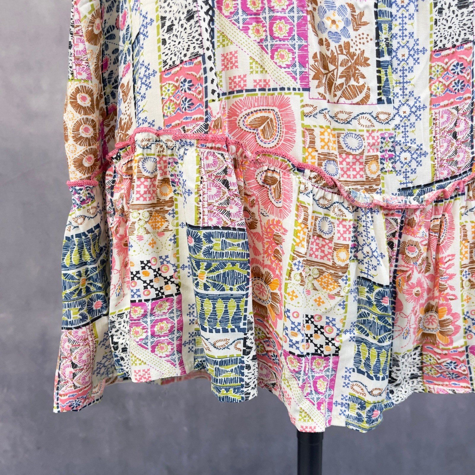 Umgee Patchwork Cold Shoulder Tunic Mini Dress Women Small Flowy Boho Indie Pom