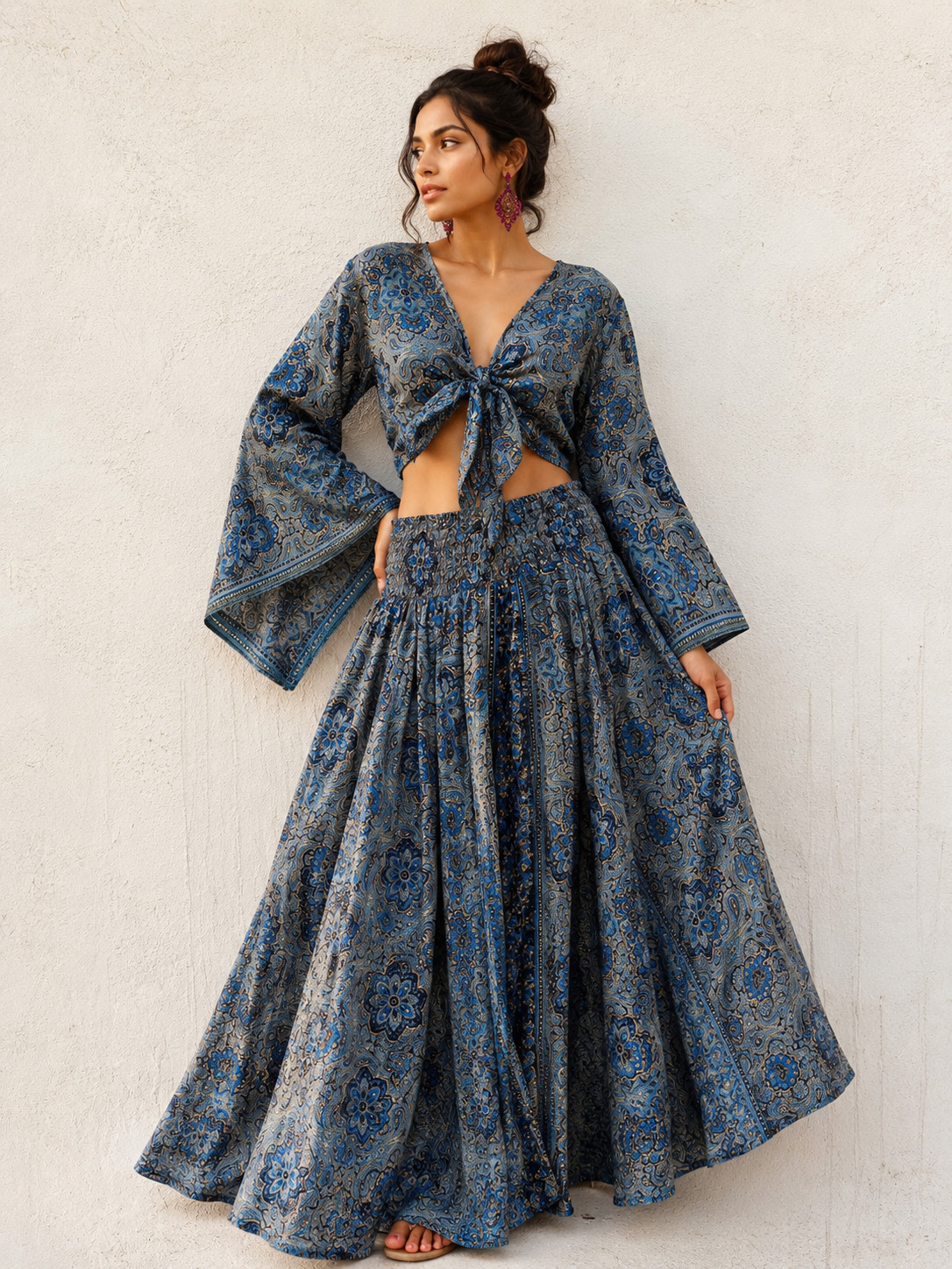 Women’s Boho 2 Piece Skirt Set Paisley Crop Top Maxi Skirt Beach Outfit Blue