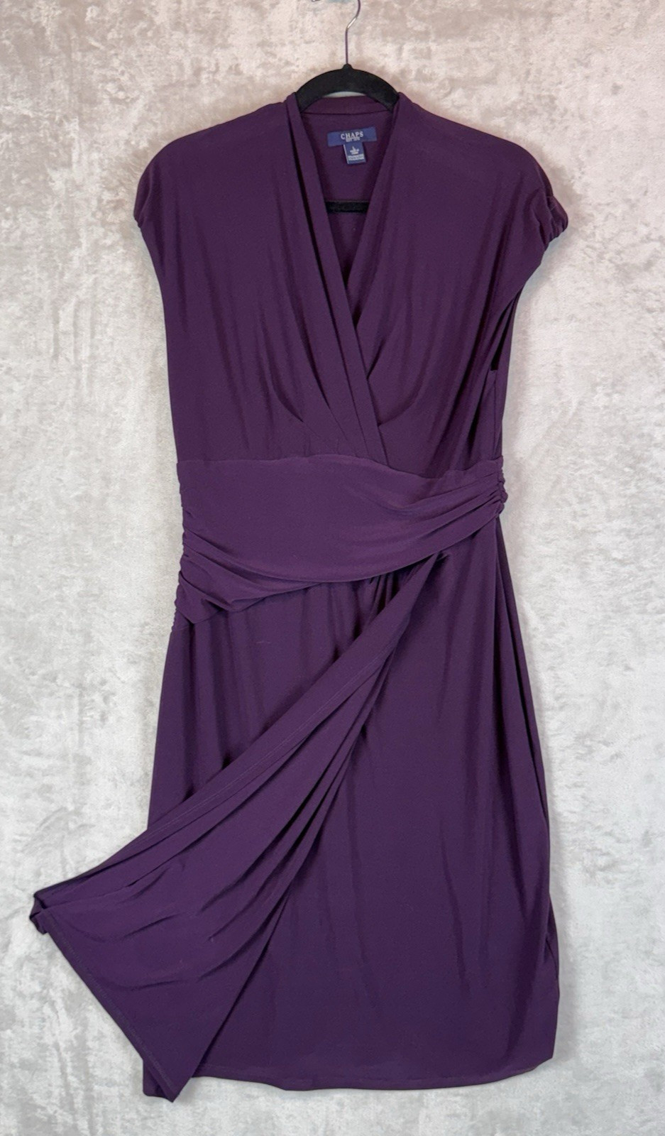Chaps Dress Sz L Large Eggplant Purple Stretch Faux Wrap Cap Sleeves Midi