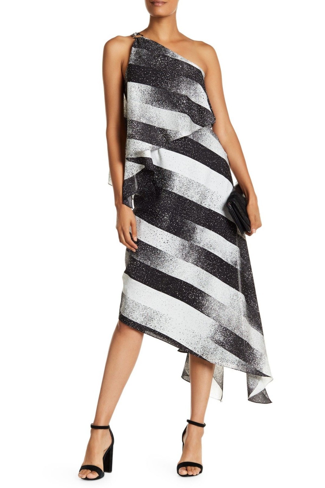 HALSTON HERITAGE Black White Stripe Print One Off Shoulder Cocktail Dress 0 = XS