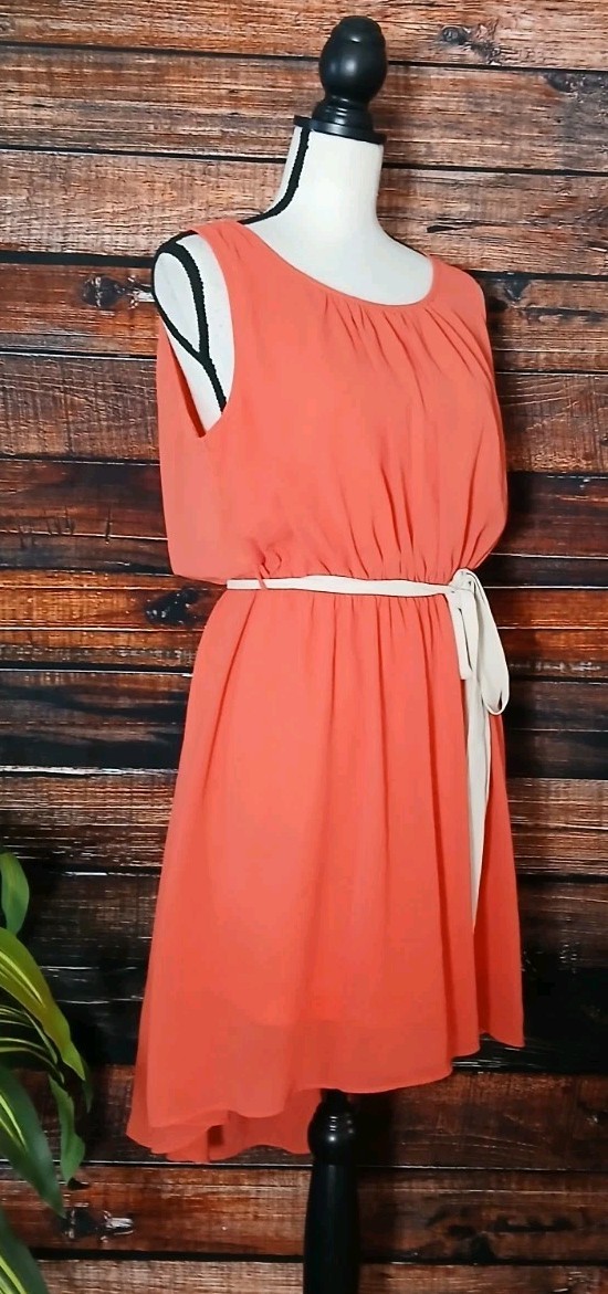 Double Zero Dress Large Belted Elastic Waist Flowy Sheer Lined Hi Low Keyhole