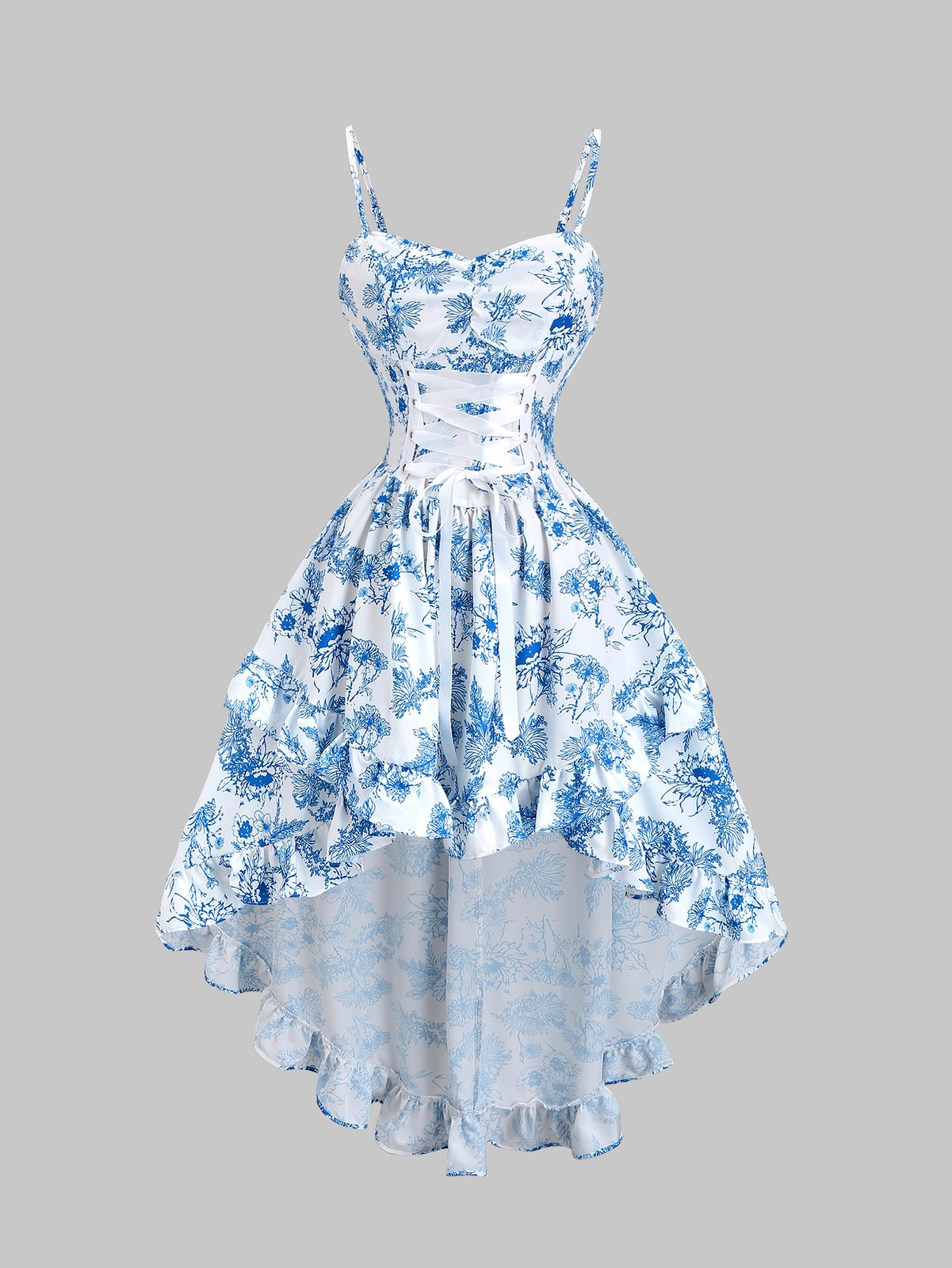 Blue white floral print spaghetti strap sweetheart neck high waisted puffy dress