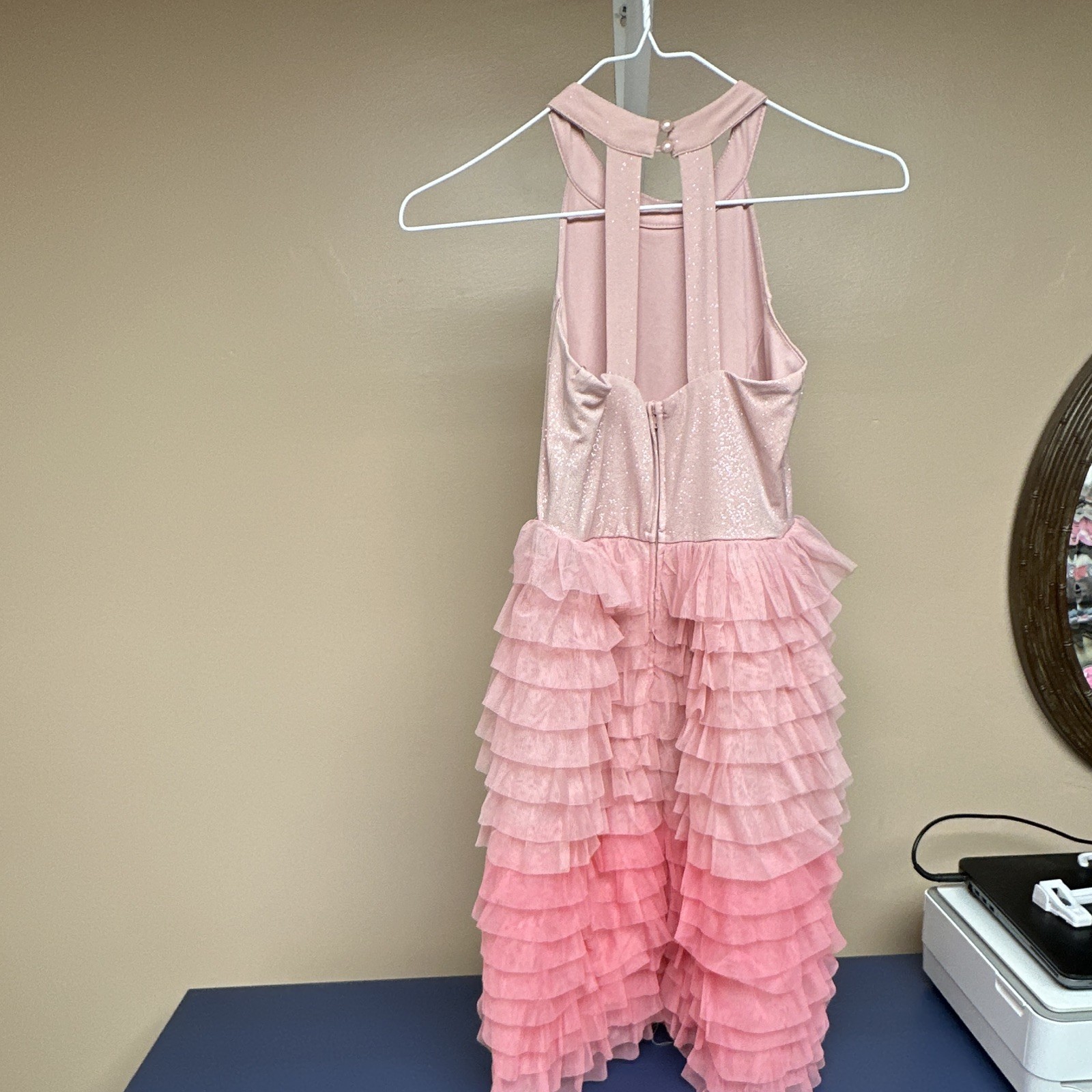 Women’s Pink Glitter High Neck Halter Ruffle Layered Tulle Dress S (bin3)