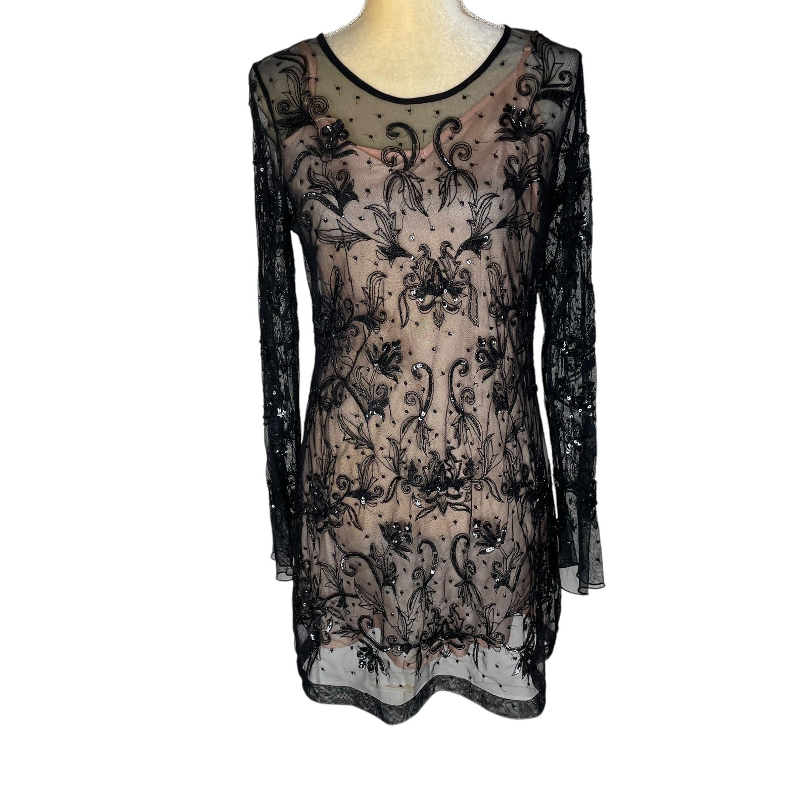 Single LA Black Floral Sequins Long Sleeve Sheer Mini Dress Size M Glam Luxury