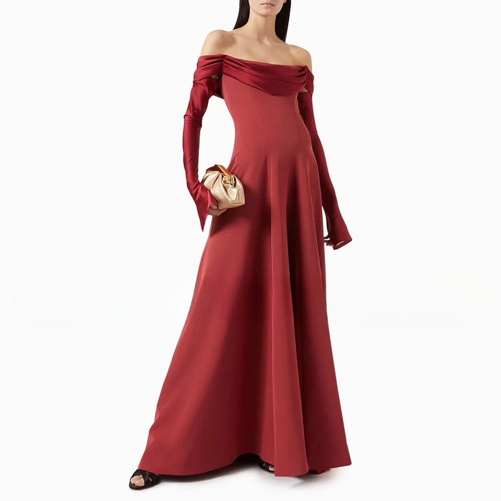 Brown Evening Dresses Off Shoulder Long Sleeves Long A Line Backless Party Gowns