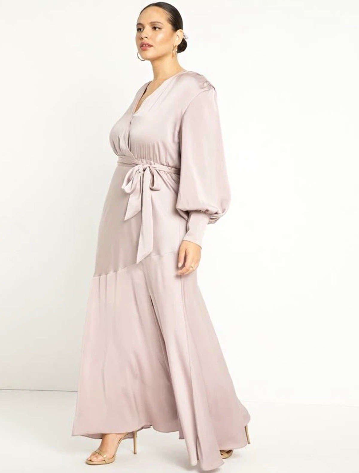 ELOQUII Women’s Taupe Solid V-Neck Wrap Maxi Dress Long Sleeve Belted 18 Plus