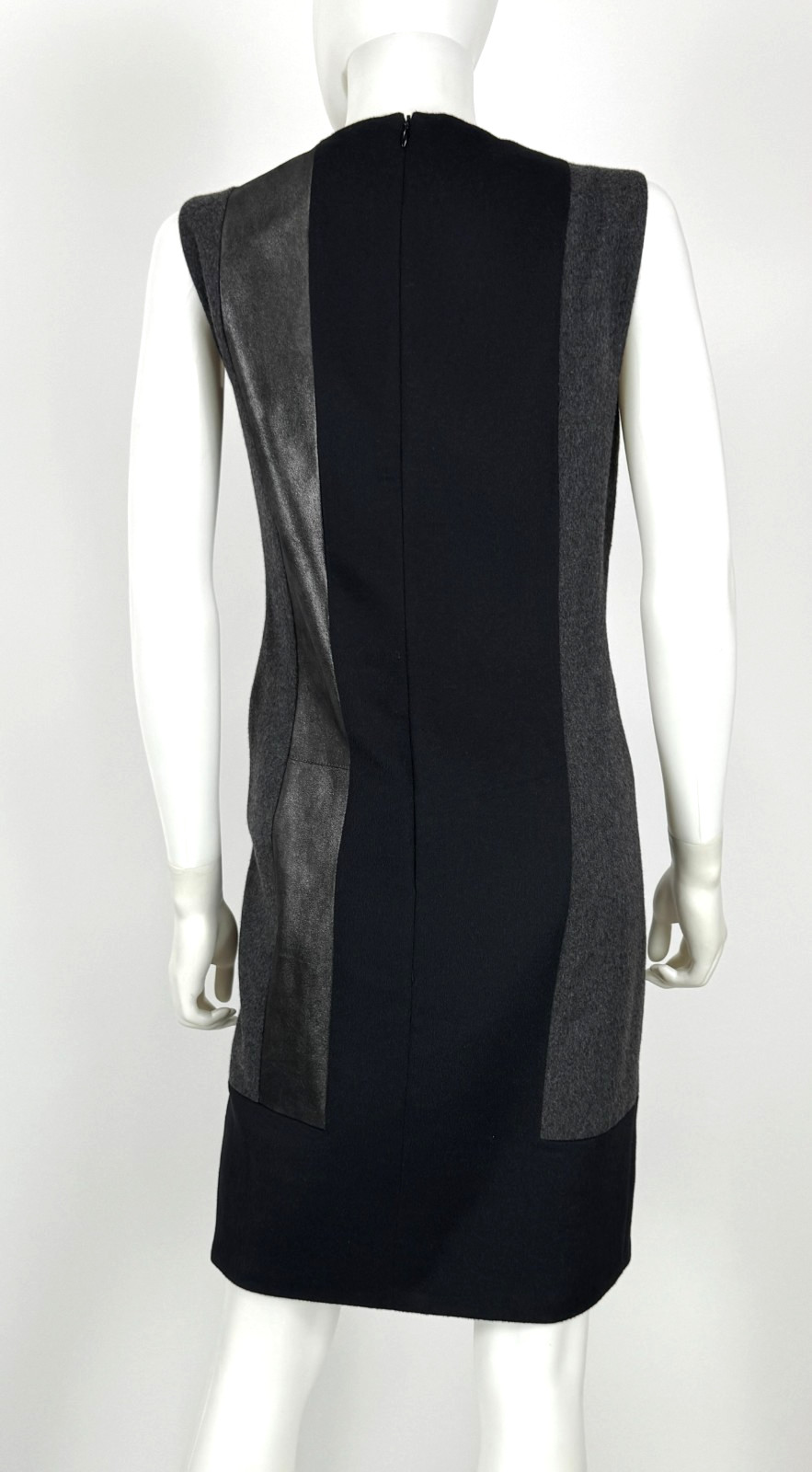 $3K Akris Wool Angora Leather Panel Shift Dress 10 US 46 IT 40 D M Black Gray