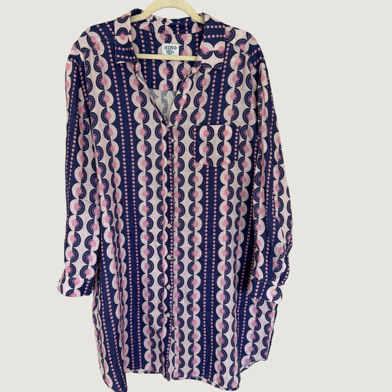 HIHO Tortola BVI 100% Linen Printed Shirt Dress XL Button Front NEW!