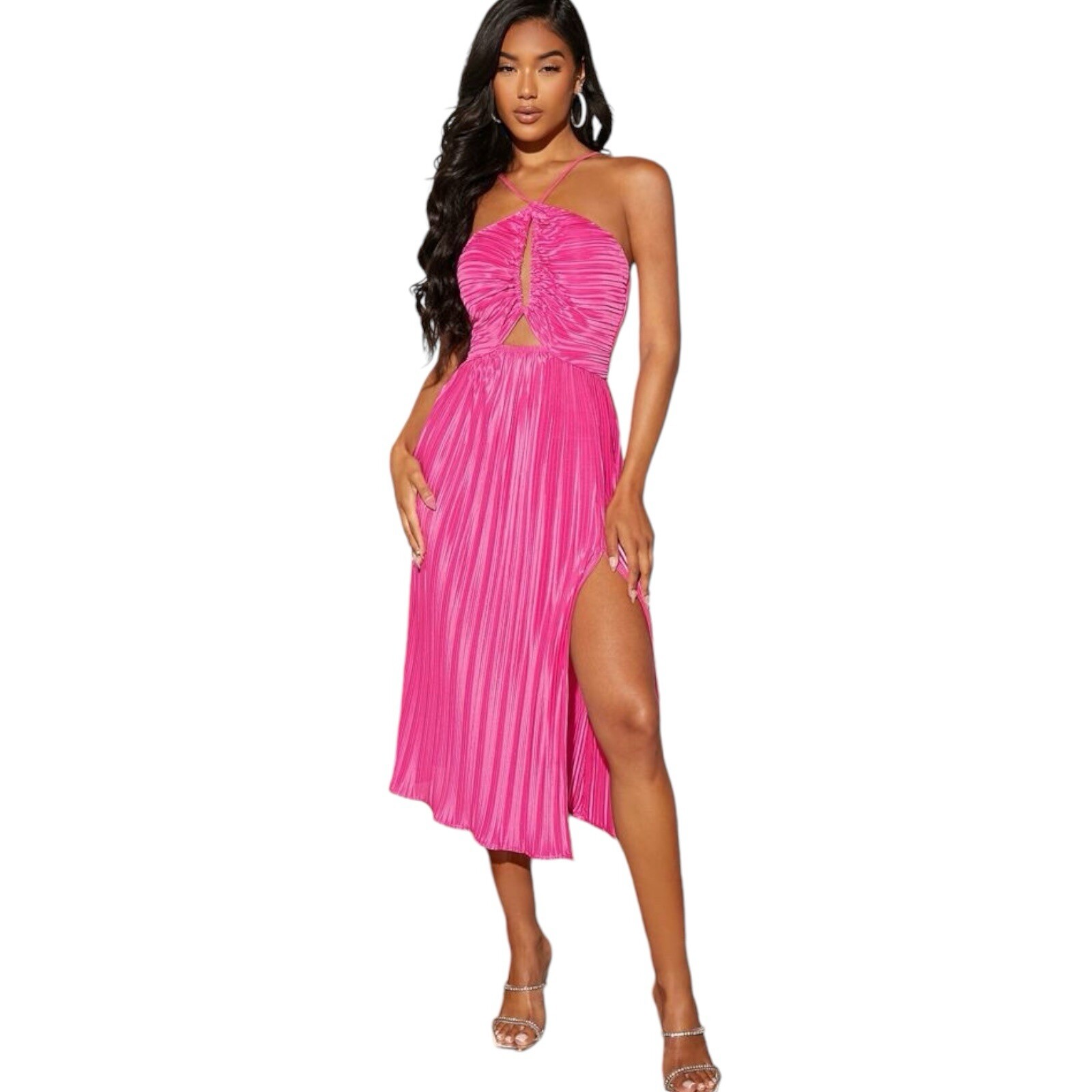 SheinCutout Pleated Split Thigh Tie Up Pink Backless Bodycon Dress Size Small