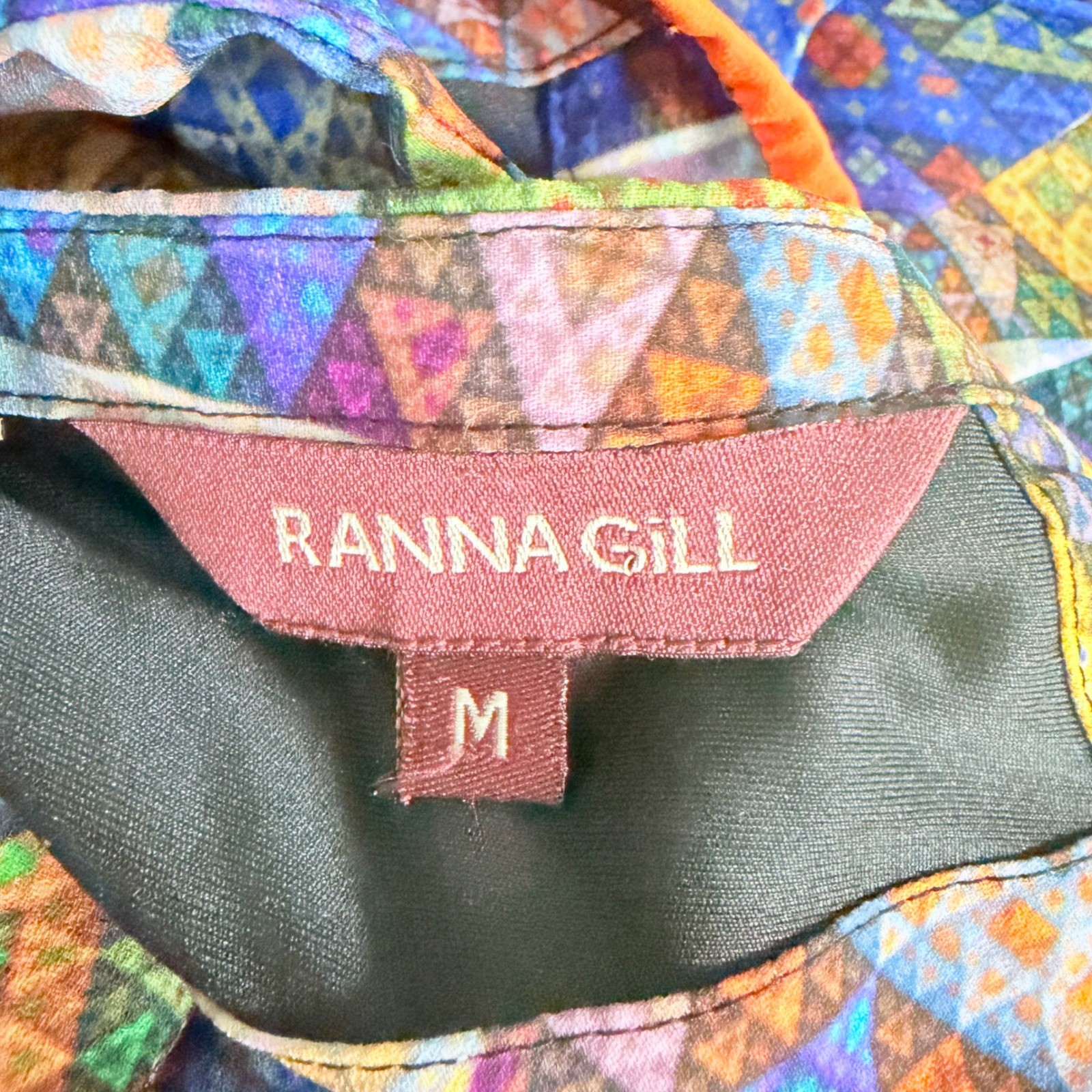 Anthropologie Ranna Gill Geometric Patchwork Pom Pom Maxi Dress Blue Orange M