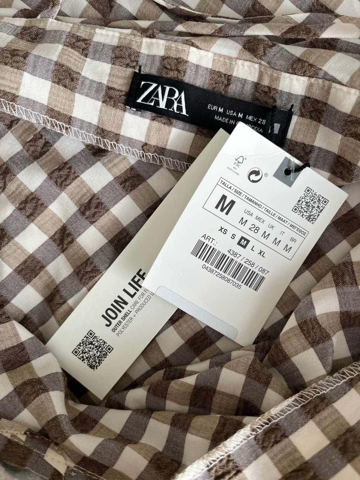 NWT ZARA Sleeveless Gingham Midi Dress Brown White Ruched Slit Women’s Medium