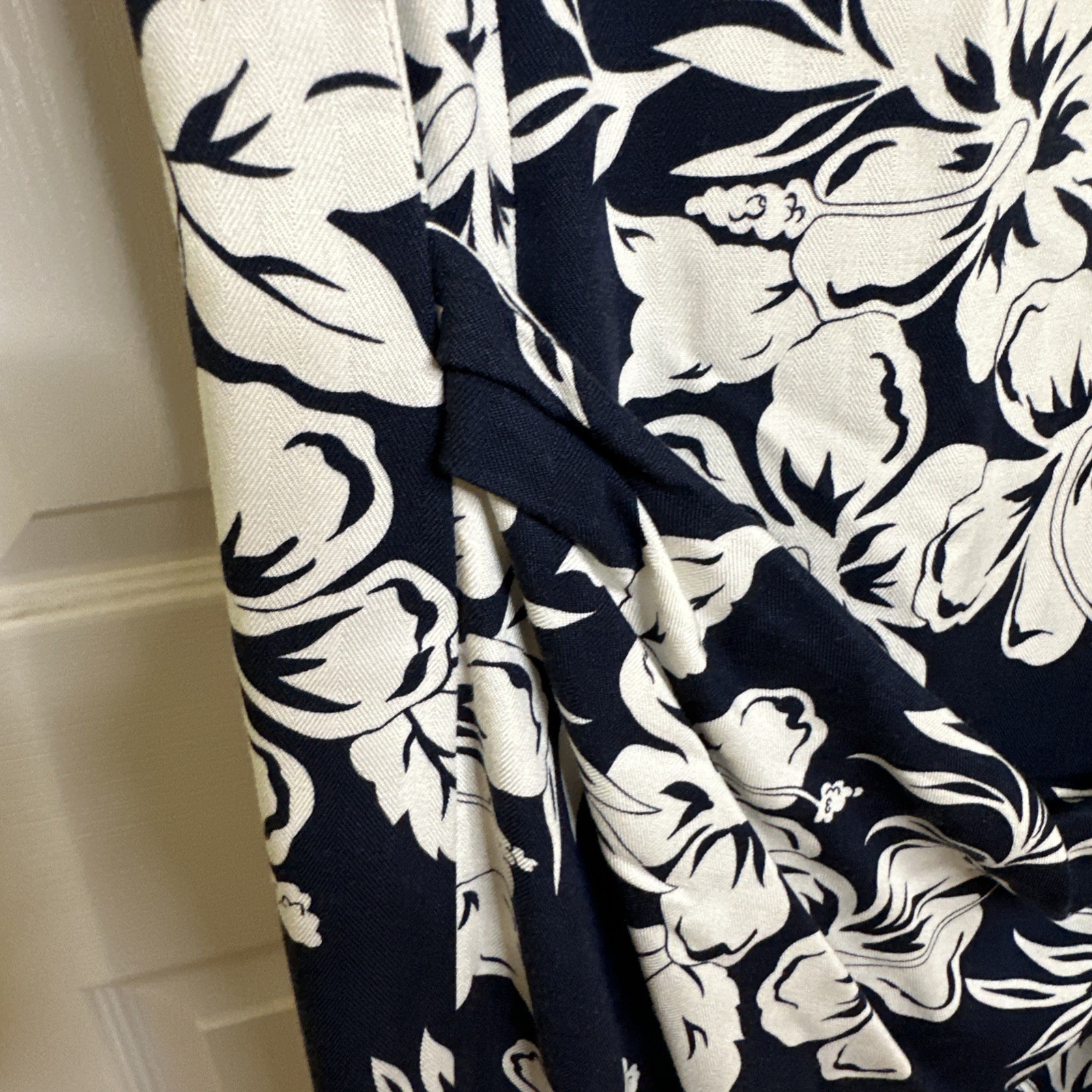 Caribbean Joe Faux Wrap Sleeveless Floral Hibiscus Blue Cream Summer Dress M