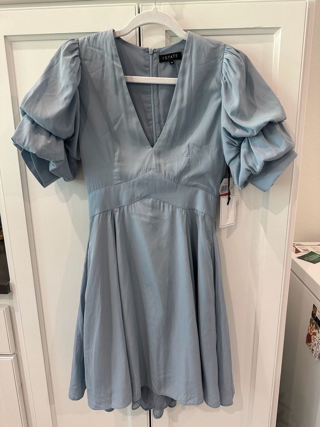 1.STATE Women’s V-Neck Tiered Bubble Puff Sleeve Mini Dress in Dusty Blue