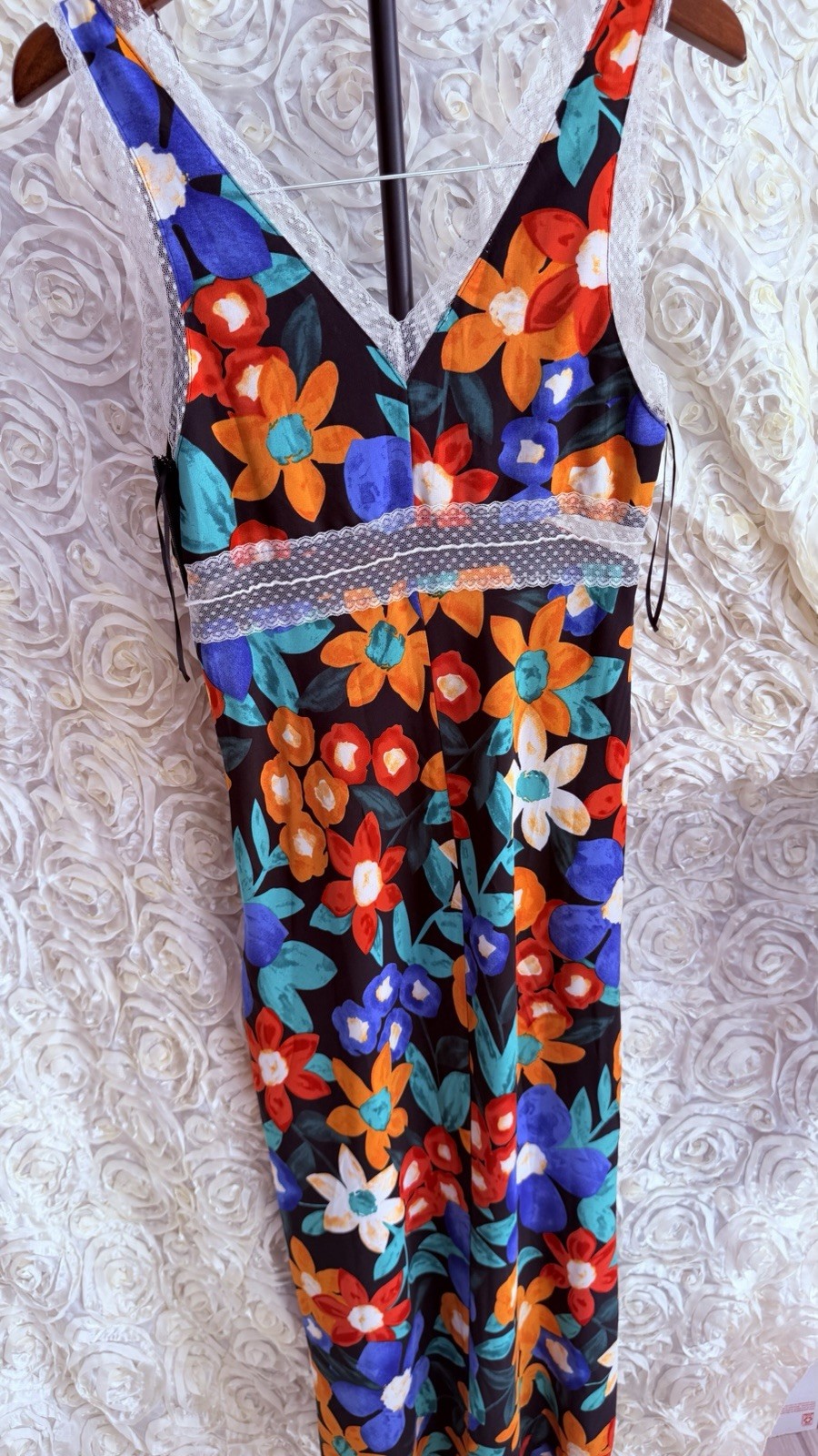 PRETTY GARBAGE Floral Satin Slip Midi Dress Lace Trim Metallic NWT Size S