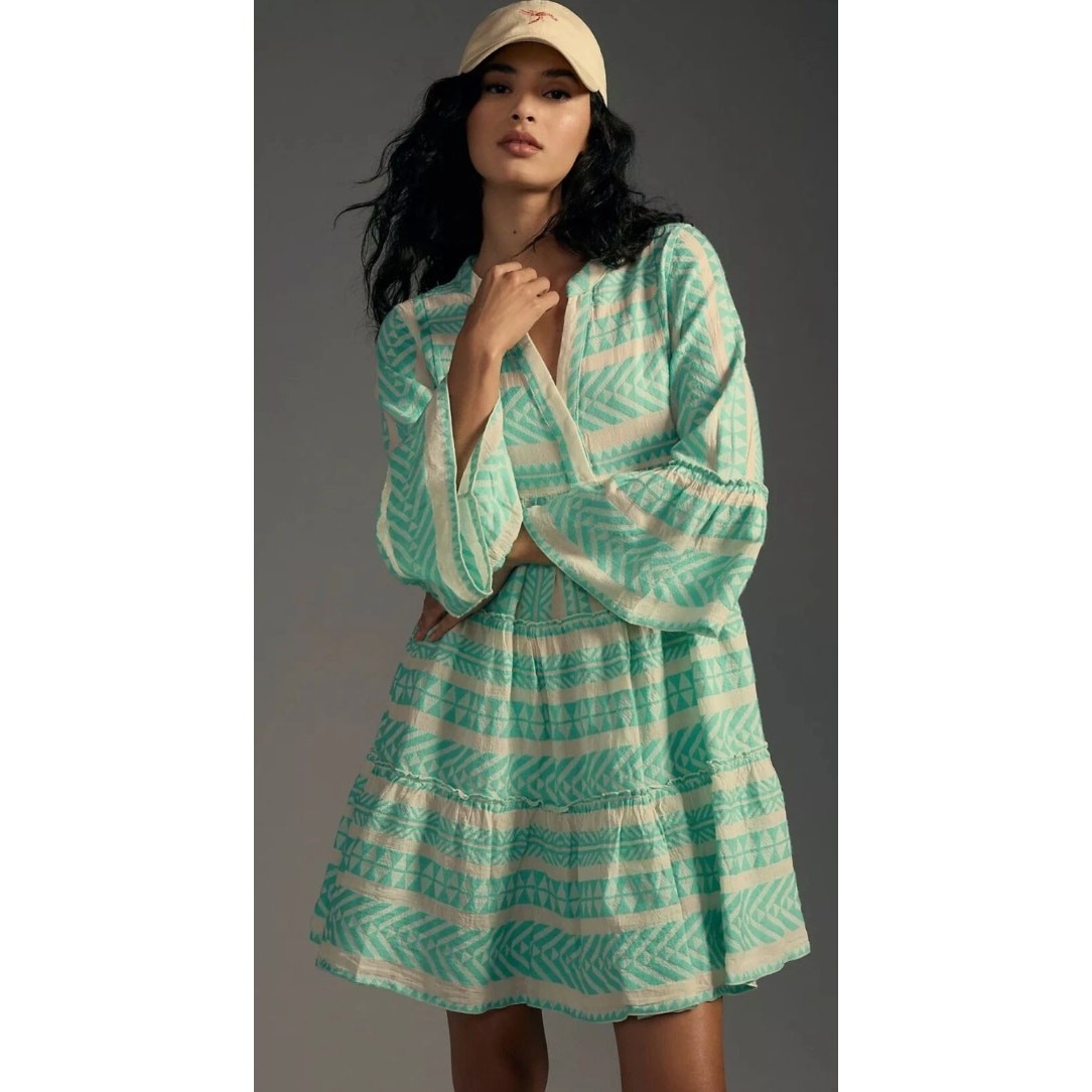Devotion Twins Embroidered Ella Dress in Aqua Blue and White Cream Size XS