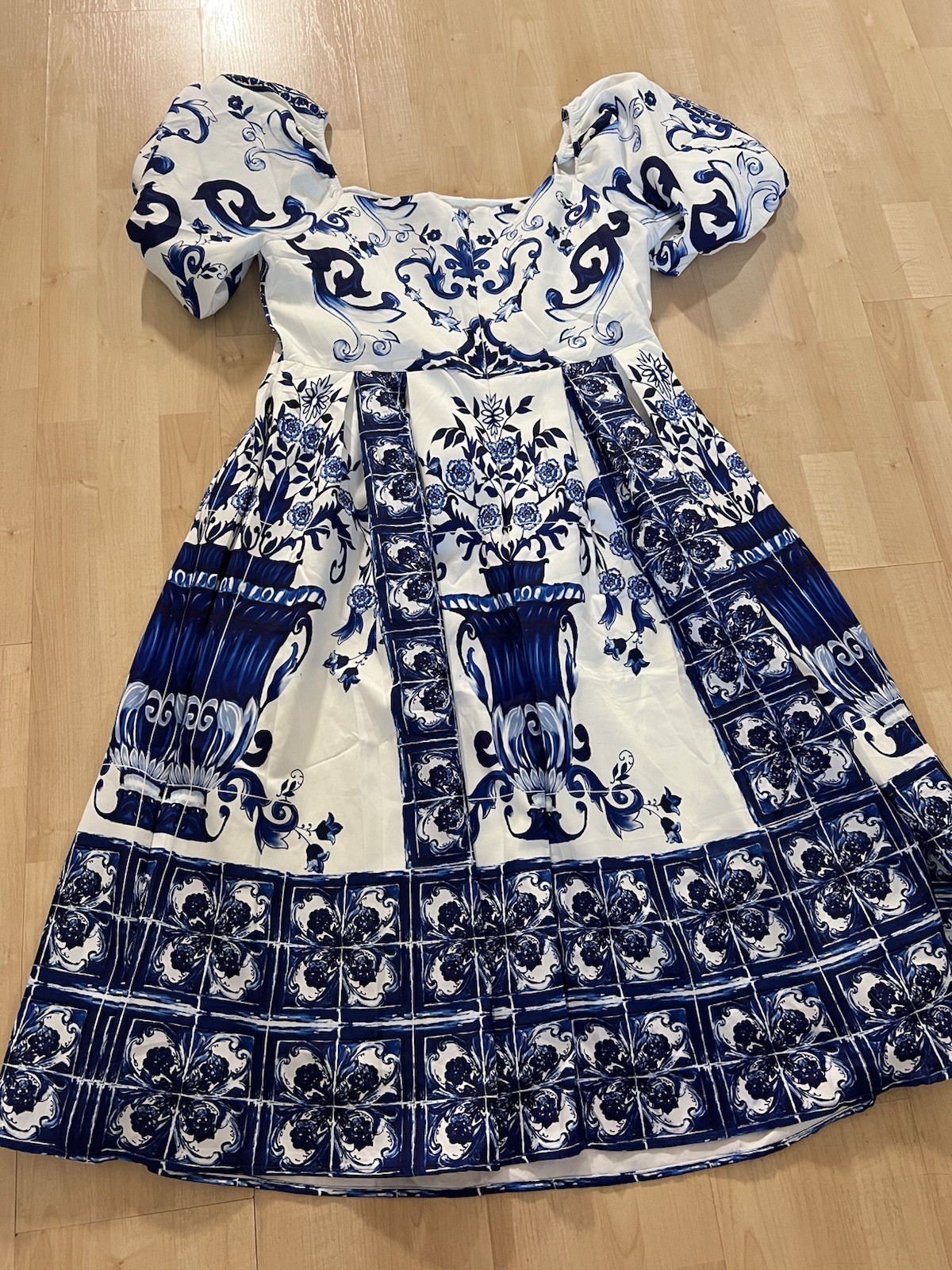 One & One Blue White Tile Print Puff Sleeve Dress Women’s 4XL Mediterranean Chic