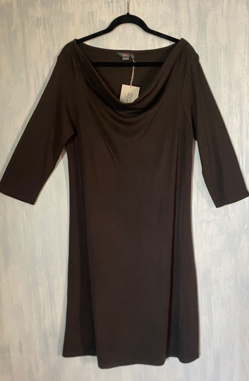 ROYAL ROBBINS Sweater Dress Winter Wool Blend Dk Brown Thermal Draped Neck L NWT