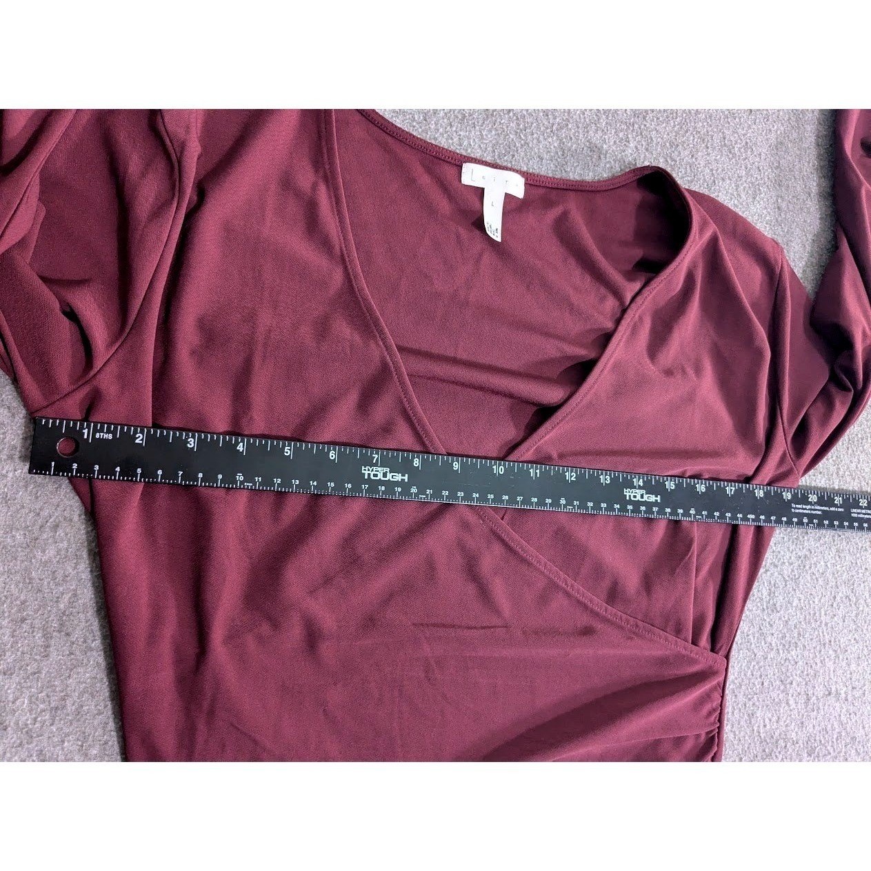 Leith Womens Burgundy Wrap Dress Size L Long Sleeve Ruched V Neck Stretch Midi