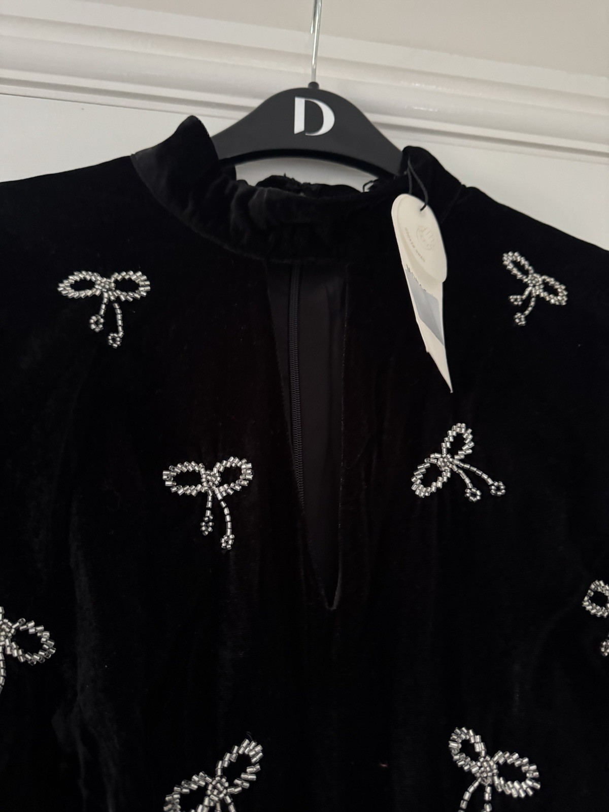 New with Tags Monsoon Black Velvet Feel Sequinned Bow Dress UK 14 RRP £125