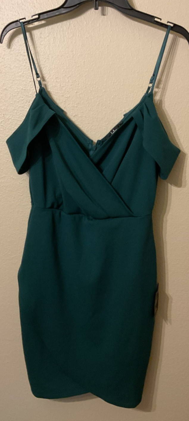Lulus “Love So Sweet” Hunter Green Off Shoulder Pleated Bodycon Mini Dress S NWT