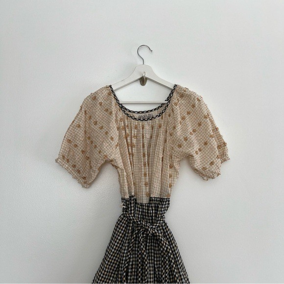 Ace & Jig Noah Dress Fitzroy M NWT Gingham Tiered Midi Cream Floral Embroidered