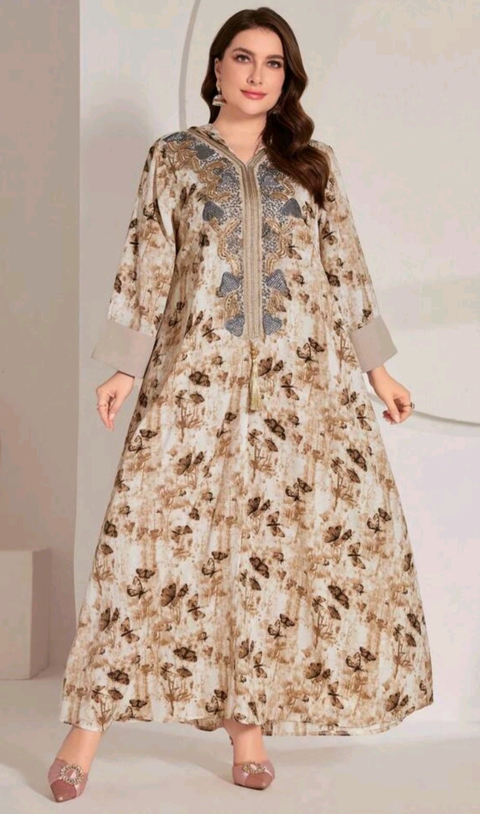 Toleen Butterfly Pullover KAFTAN Embroidered Rhinestone V-Neck Hooded Womens 1XL