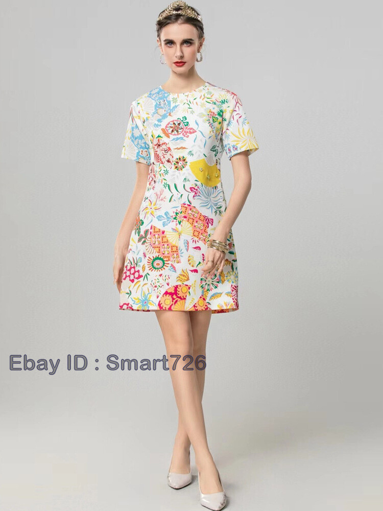 Occident Runway New Beaded Women’s Loose Short Sleeve Printed Midi Dress A-line