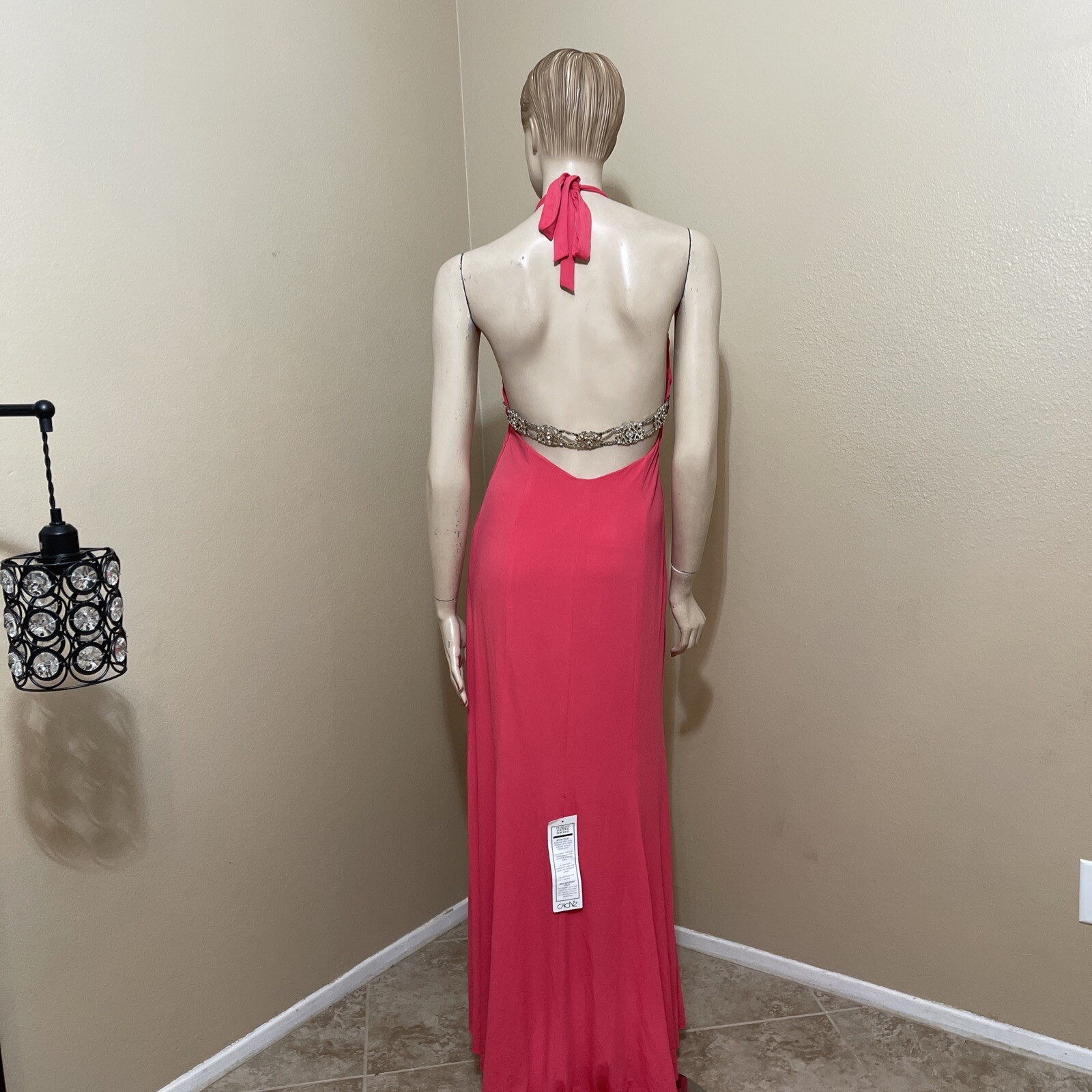 Women’s Coral Polyester Party Open Buckle Metal Belt Bead Size 8 Evening Dress