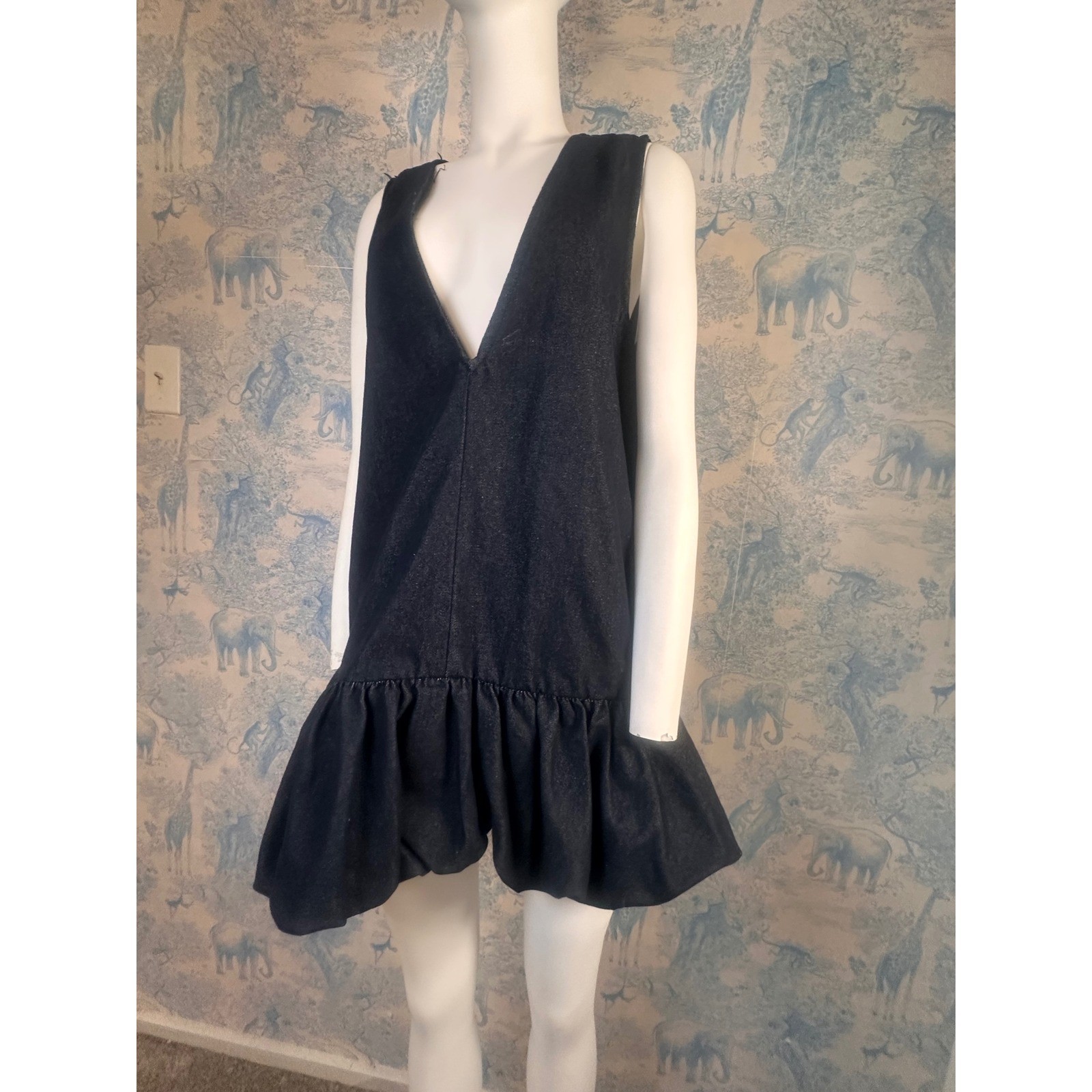 Dark Denim Bubble Hem Mini Dress Sleeveless Deep V-Neck Drop Waist Balloon Dress