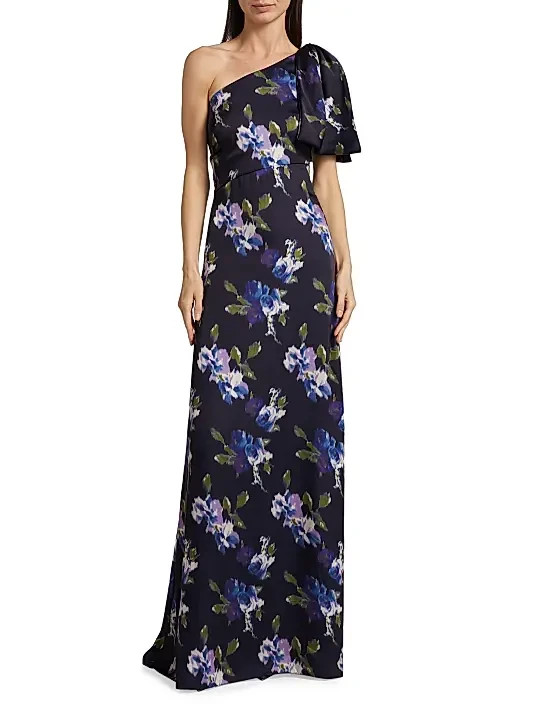 Sachin & Babi Midnight Corsage Chelsea Bow One-Shoulder Gown Dress Size 8 $325