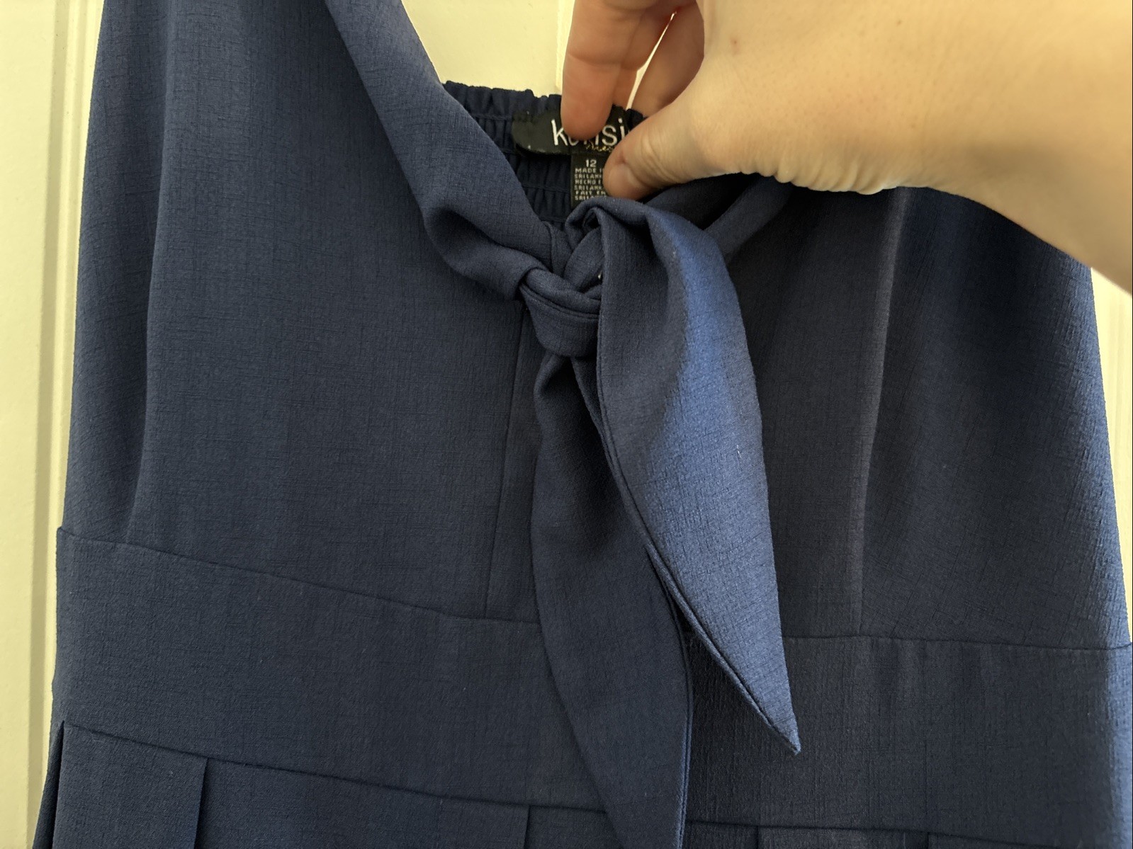 Navy Blue Bow Front Button Down Midi Dress – Sleeveless Spaghetti Strap –Size 12
