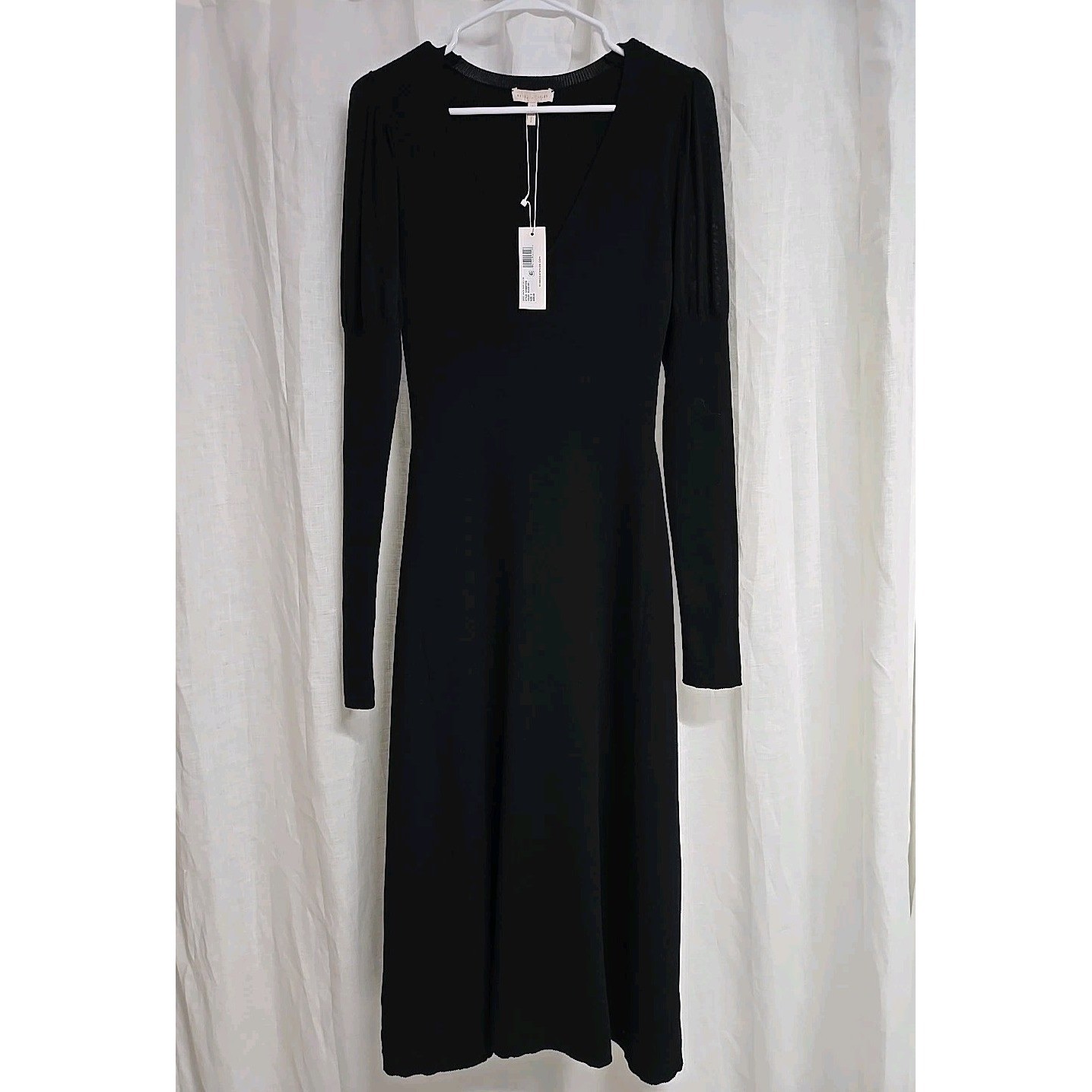 REBECCA TAYLOR Ribbed Knit V-Neck Puff Sleeves Midi Dress Stretch Black Size S