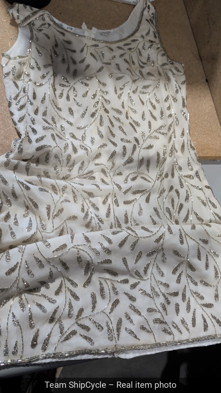 Scala Vintage Silk Cream Embellished Glass Beaded Sleeveless Mini Dress G2U
