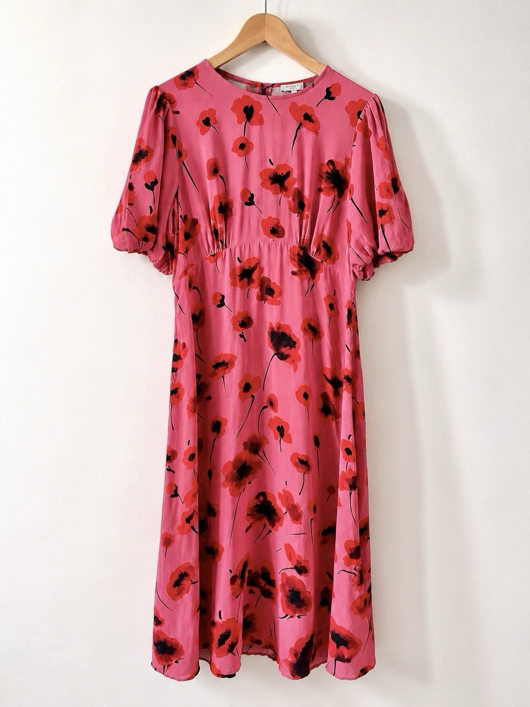 Ghost London Pink Red Poppy Print Floral Midi Dress Size L Summer
