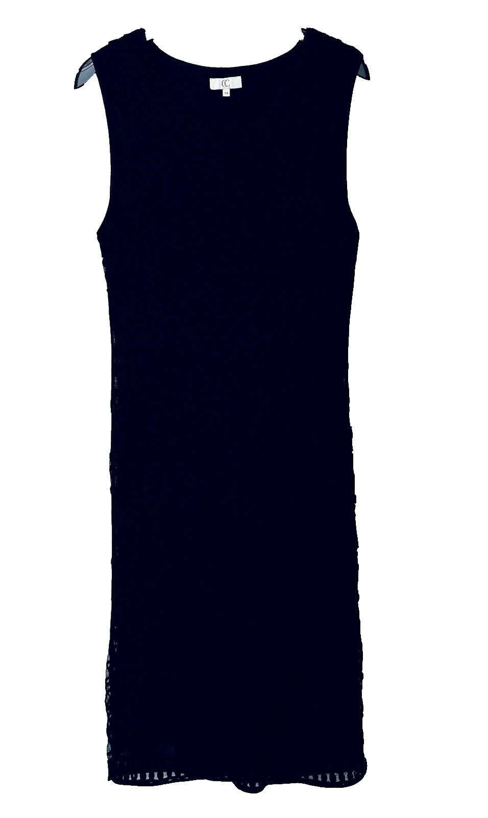 CC – SIZE 14 – BLACK NET APPLIQUE FITTED SLEEVELESS OCCASION DRESS – LACE SHIFT