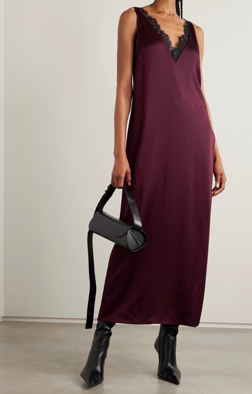 STELLA McCARTNEY burgundy lace-trimmed satin slip dress IT38, UK8/10, US4/6