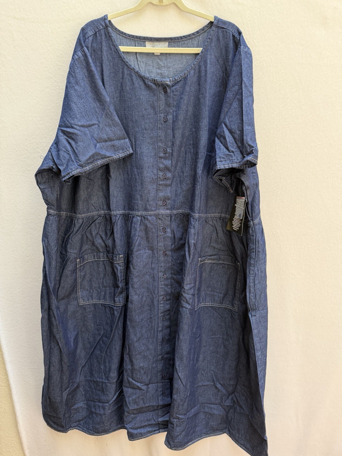 New Woman Within Blue Denim Button-Front Shift Dress Pockets 36W
