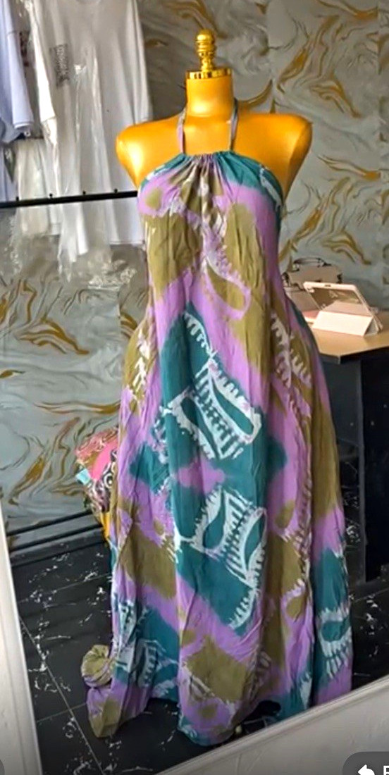Women’s One Size Abstract Halter Backless Tie Maxi Dress Purple Green Teal