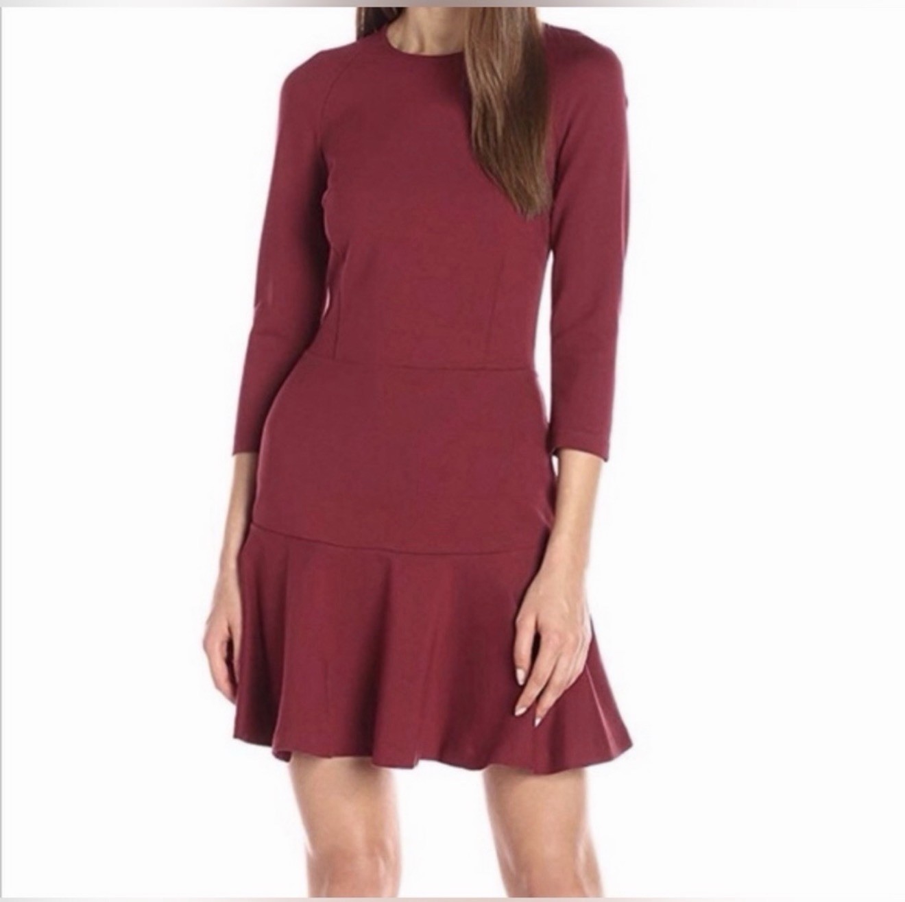 Armani Exchange Womens Burgundy Drop Waist Ruffle Hem Dress 3/4 Sleeve Sz SP
