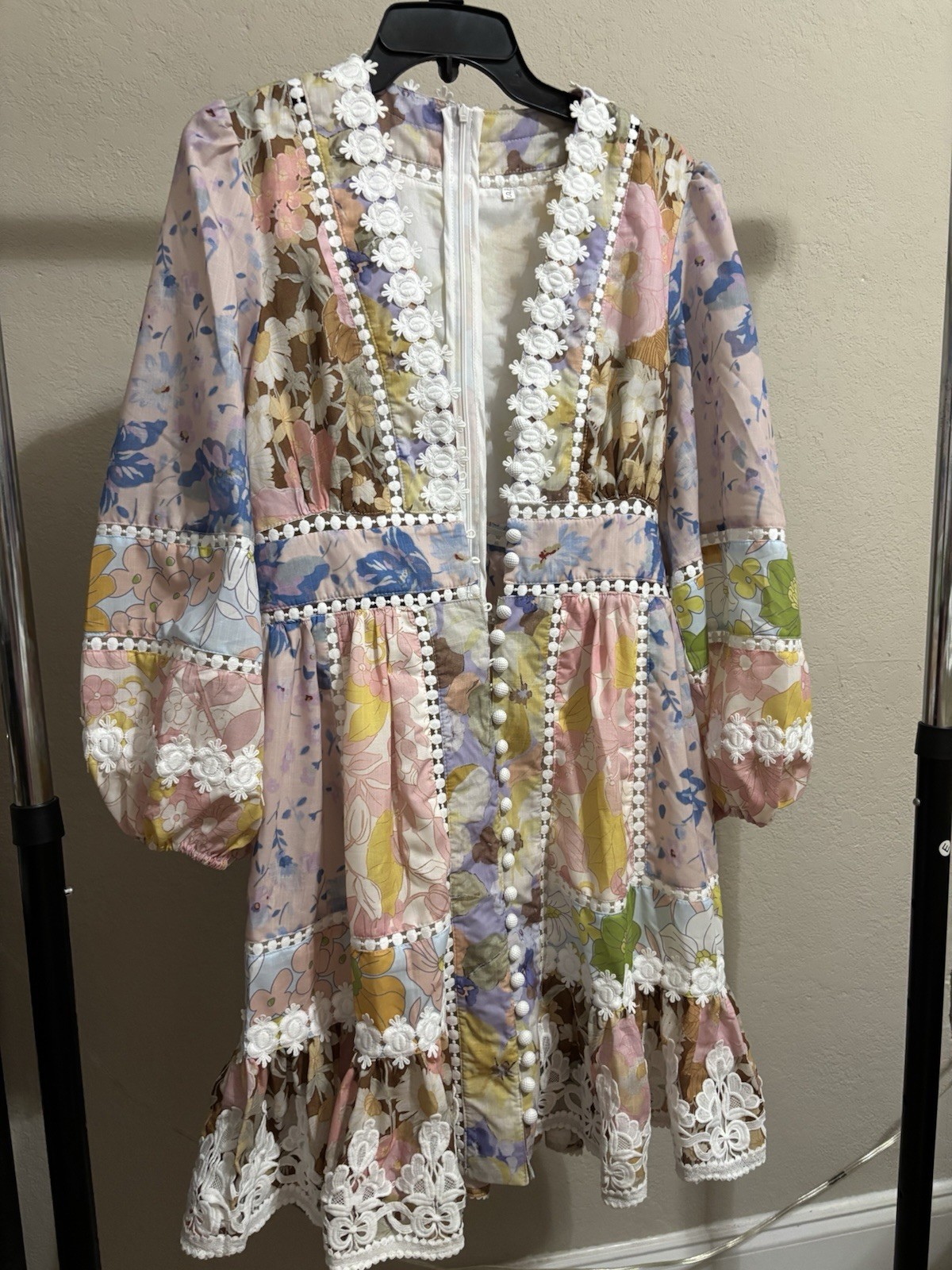 Women’s Fancy Floral Dress, Embroidered Trim Of Flowers At Neck &Lacey Hem Trim