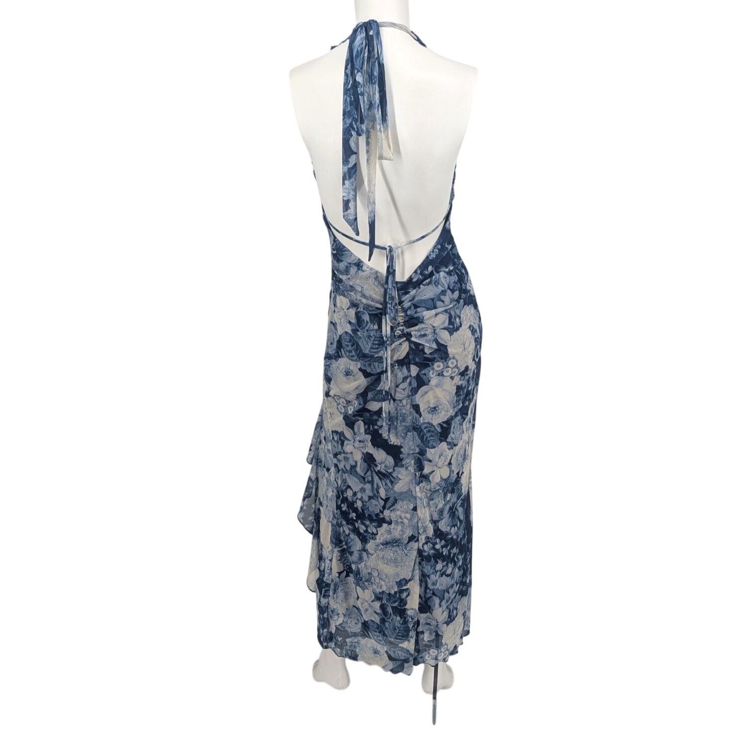 Floral Mesh Halter Midi Dress Open Back Ruched Side Slit Ruffle Cocktail Medium