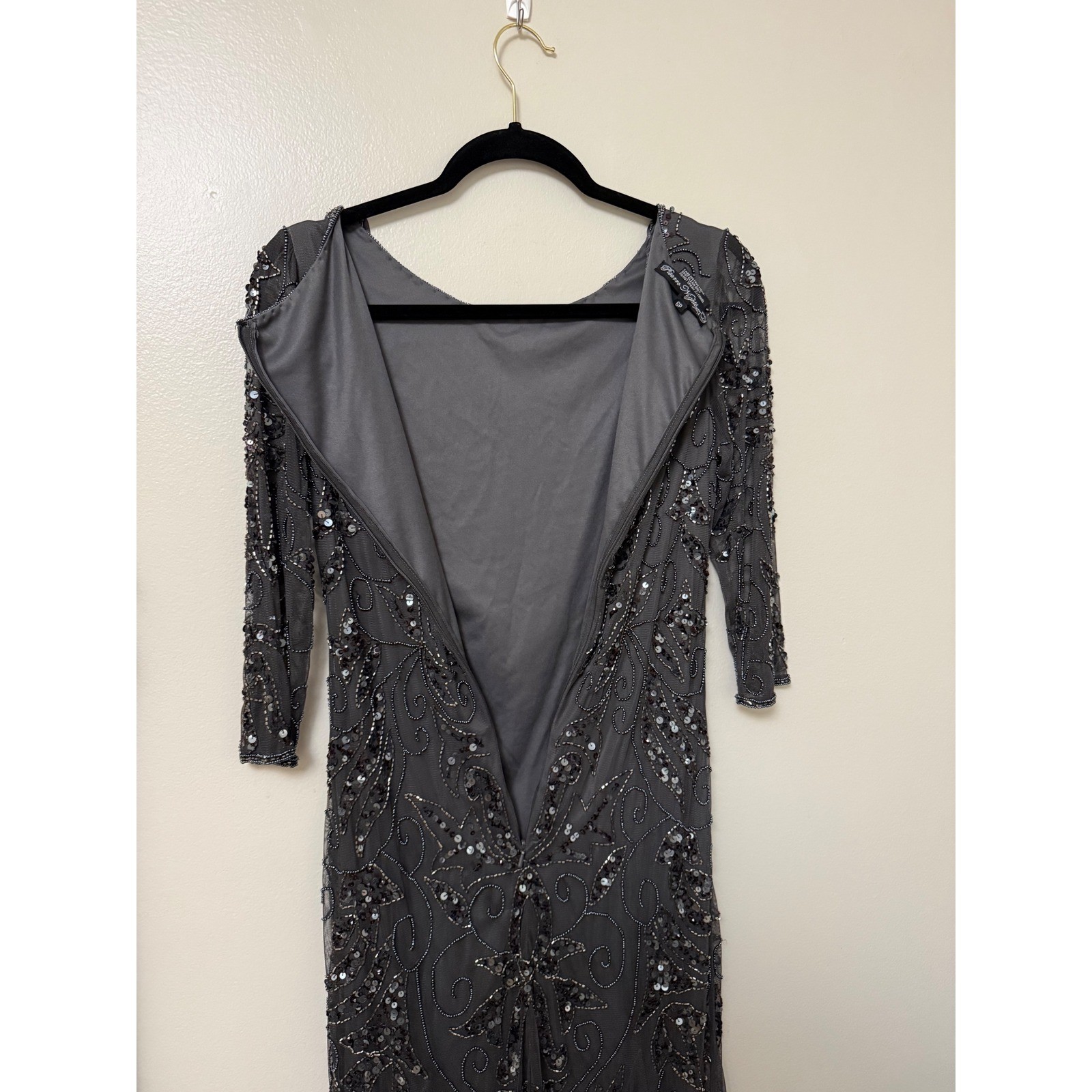 Pisarro Nights Gray Beaded Sequin Gown 3/4 Sleeve Formal Maxi Dress