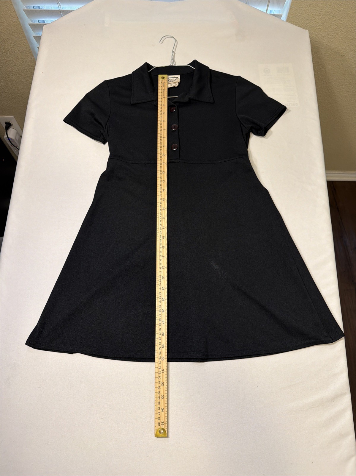Pink Martini Short Sleeve Sheath Solid Black 1/4 Button Dress Sz S With Back Tie