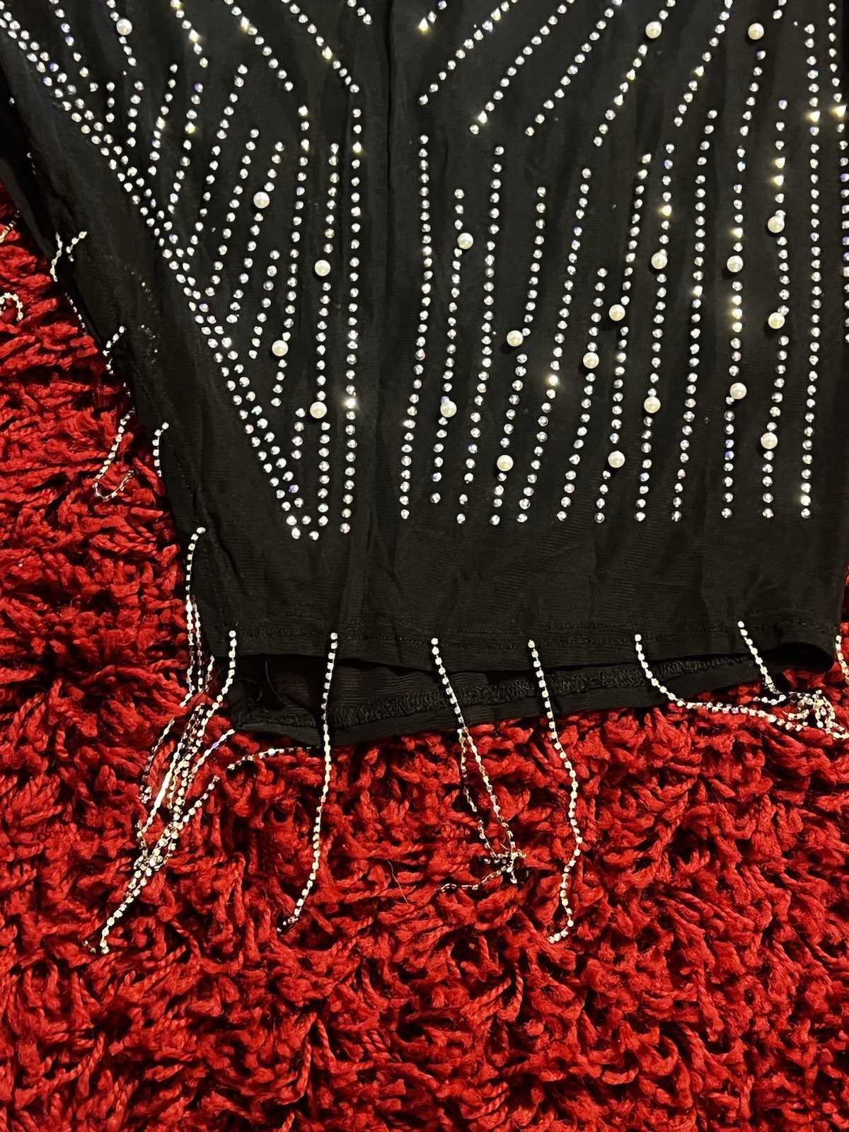 Black Sheer Rhinestone Pearl Beaded Long Sleeve Fringe Mini Dress