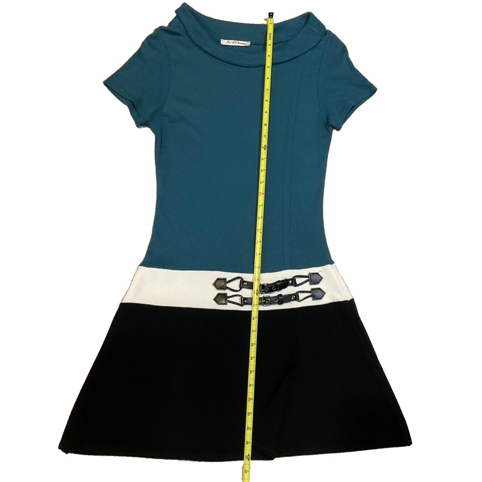 Jus d’Orange Paris Colorblock Dress Size Small S Teal Black White Buckle Accen