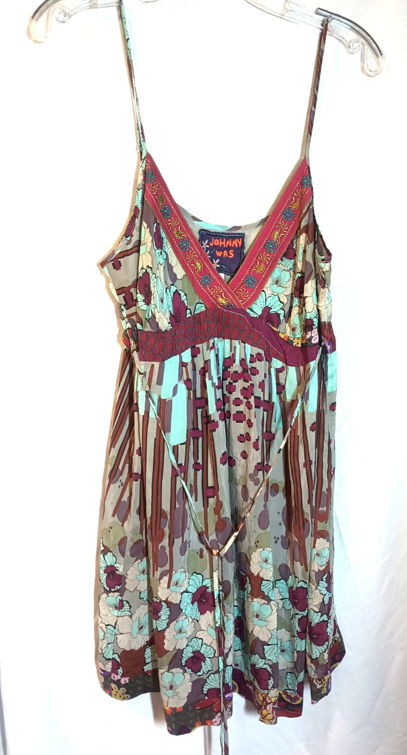 Johnny Was sundress, L, teal and purple, rayon/silk. DS07