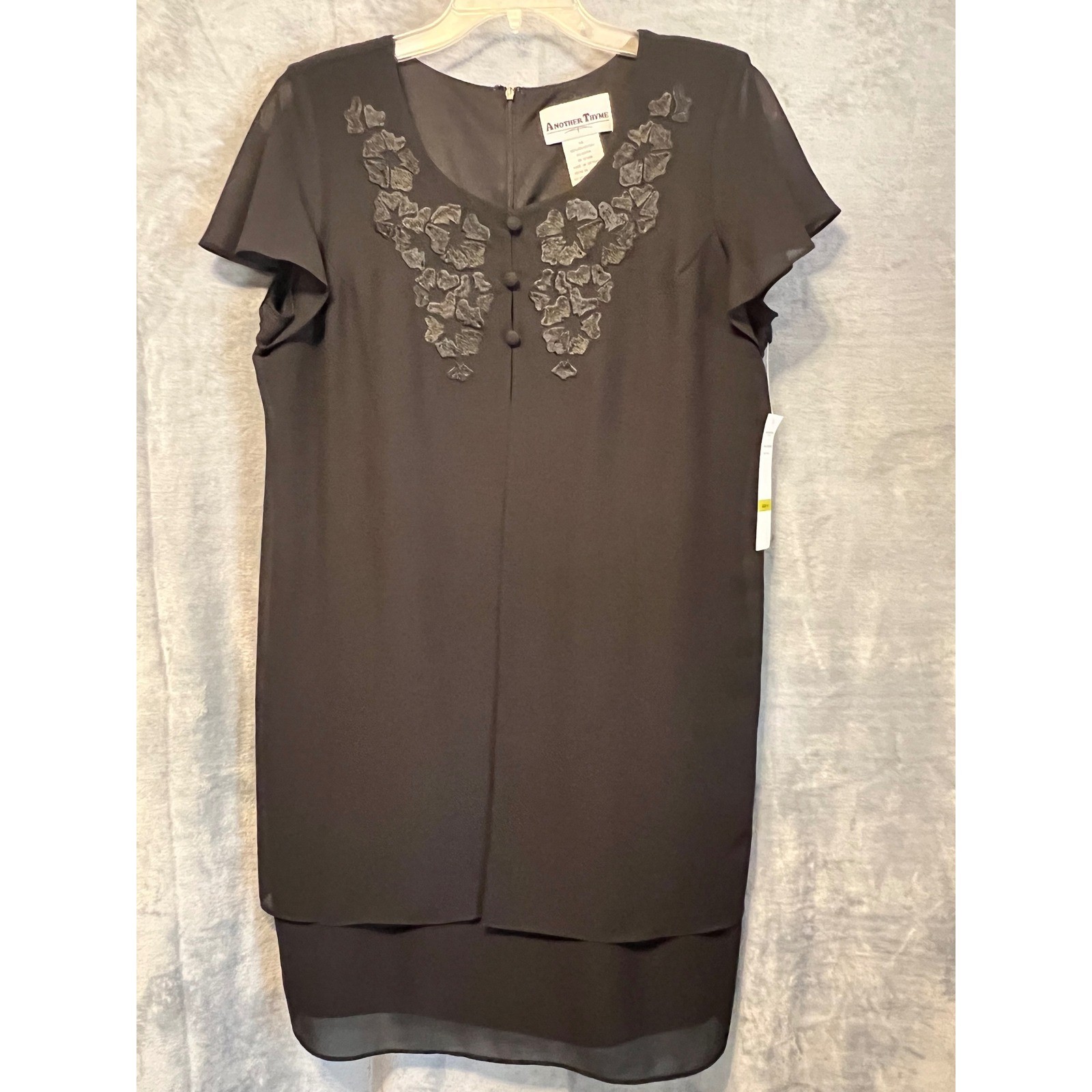 Another Thyme 14 Black Chiffon Overlay Dress Floral Appliqué Cocktail Party